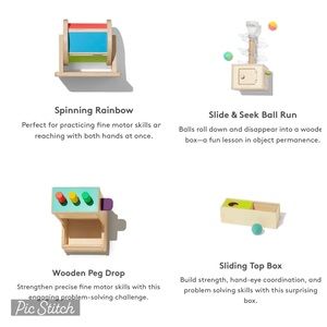 Lovevery bundle-slide & sleek ball run, spinning rainbow, sliding box, peg drop